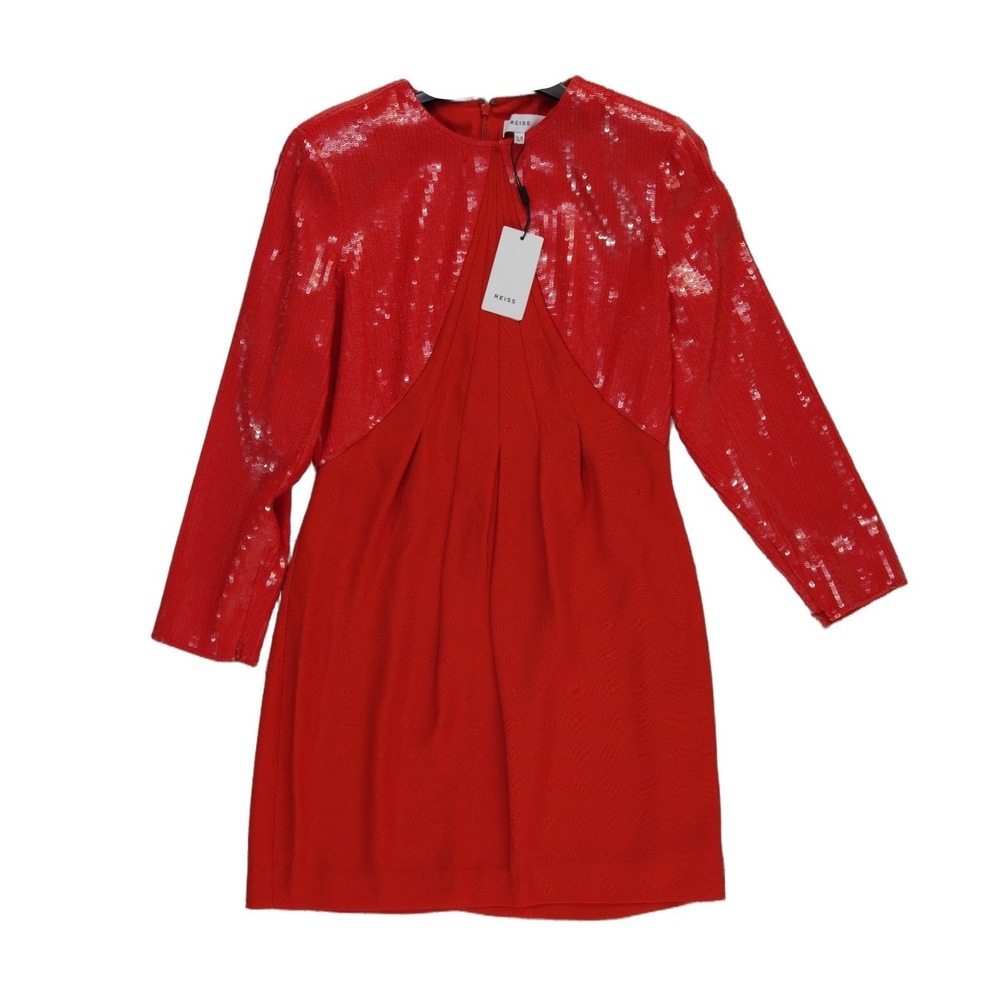 NEW Reiss Cocktail Dress Women's Size 6 Red Sequin Pleated Long Sleeve $495
